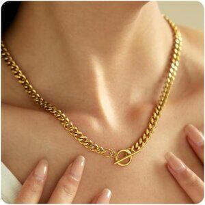 🆕 Women Gold Chunky Chain Necklace Thick Cuban Curb Gemstone Pendant Jewelry